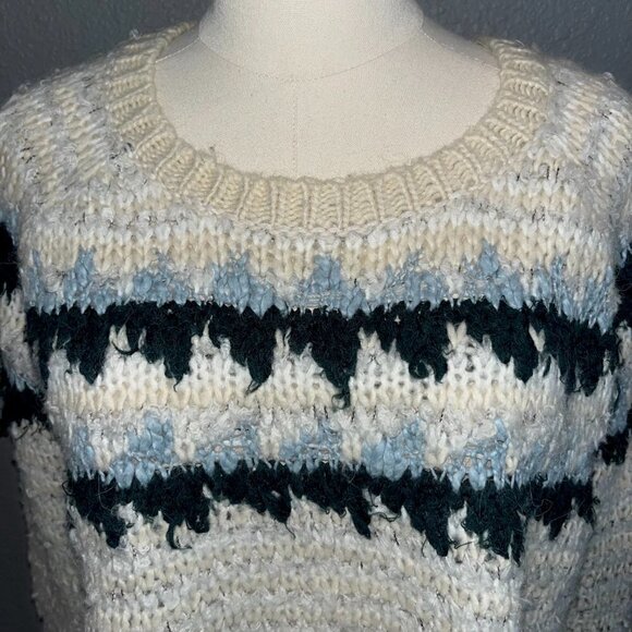 FREE PEOPLE Alpaca & Wool Blend Cream Green& Blue Nordic Pullover sweater EUC XS - Picture 2 of 6